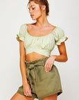 Off  Shoulder Pleated Crop Top with Back Ribbon Tie