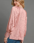 Umgee Wrinkled Round Neck Lantern Sleeve Blouse