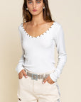 POL Studded Ribbed V-Neck Top