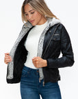 YMI Removable Faux Layered Multi-Pocket Jacket with Fuzzy Hood