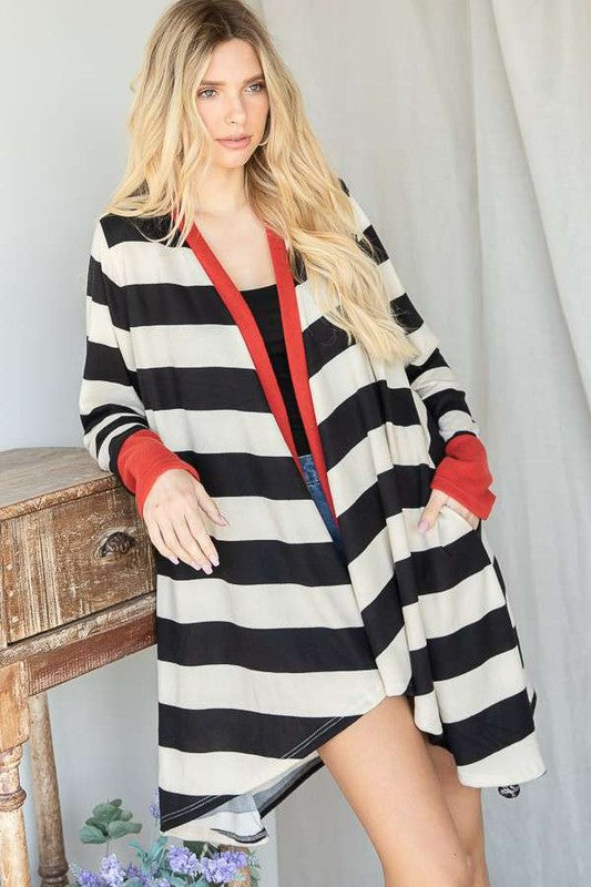 Jade By Jane Open Front Striped Draped Cardigan