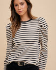 Annie Wear Striped Round Neck Puff Sleeve French Terry Top