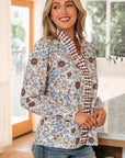 Floral Gingham Plaid Frilled Trim Long Sleeve Blouse