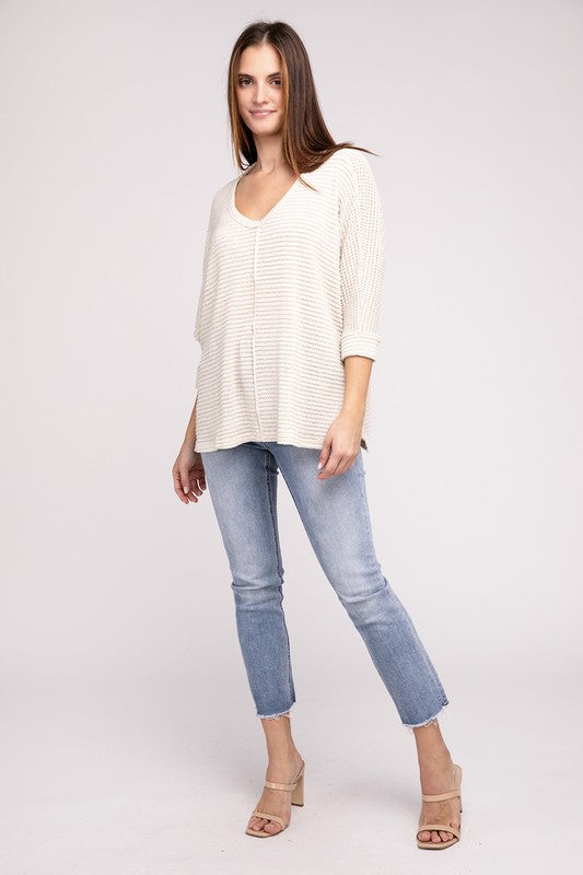 Zenana 3/4 Sleeve V-Neck Hi-Low Hem Jacquard Sweater