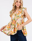 Mittoshop Floral V-Neck Ruffled Cap Sleeve Blouse