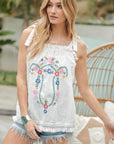 Davi & Dani Embroidered Sleeveless Ruffle Tank Top