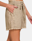 Zenana Washed Linen Frayed Hem Drawstring Shorts