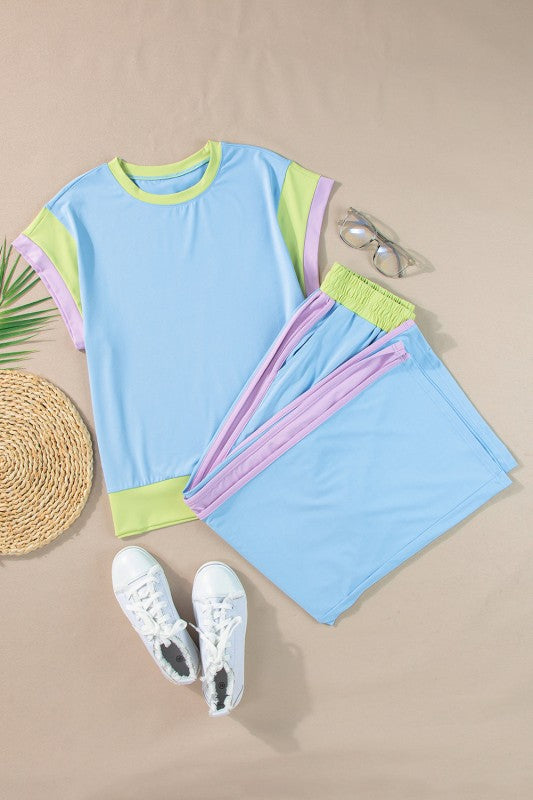 Colorblock Cap Sleeve Tee and Pants Set