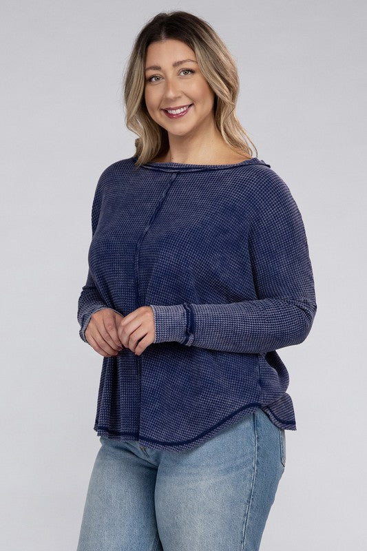 Zenana Plus Washed Baby Waffle Oversized Long Sleeve Top