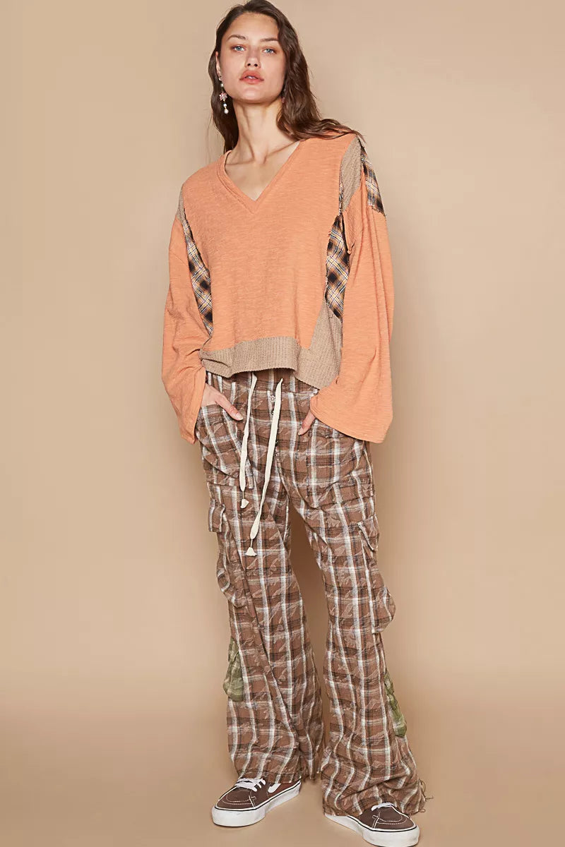 POL V-Neck Long Sleeve Plaid Contrast Top with Texture Knit Detail