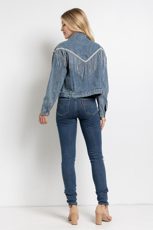 Cropped Denim Jacket with Rhinestone Fringe