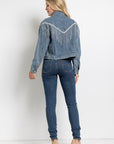 Cropped Denim Jacket with Rhinestone Fringe