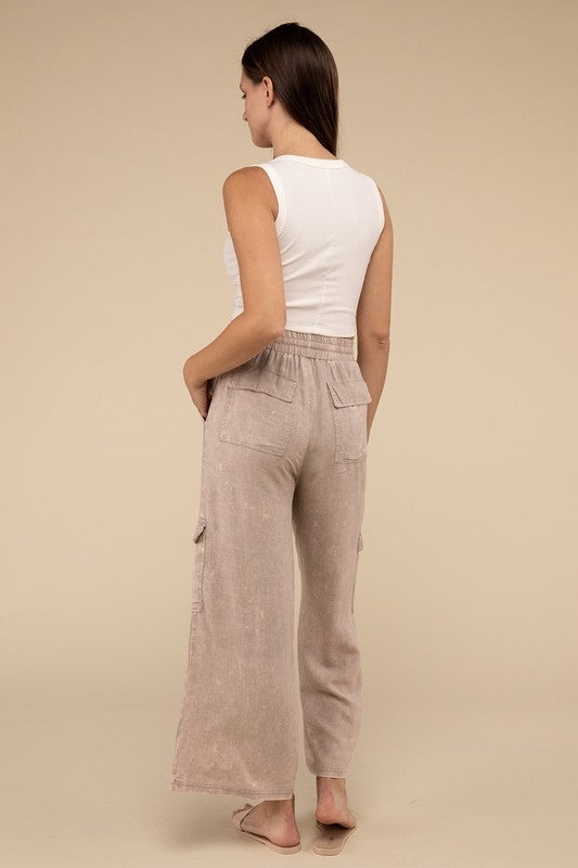 ZENANA Washed Linen Elastic Band Waist Cargo Pants