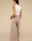 ZENANA Washed Linen Elastic Band Waist Cargo Pants