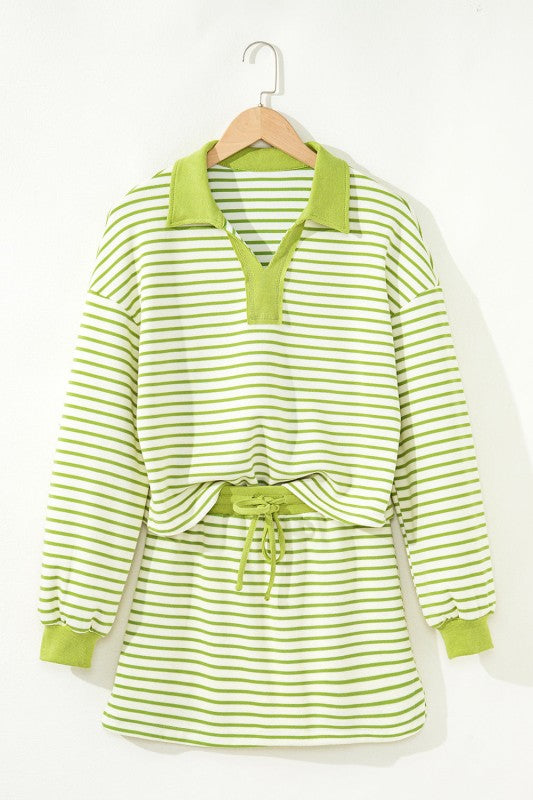 Stripe Collared V-Neck Pullover and Skort Set