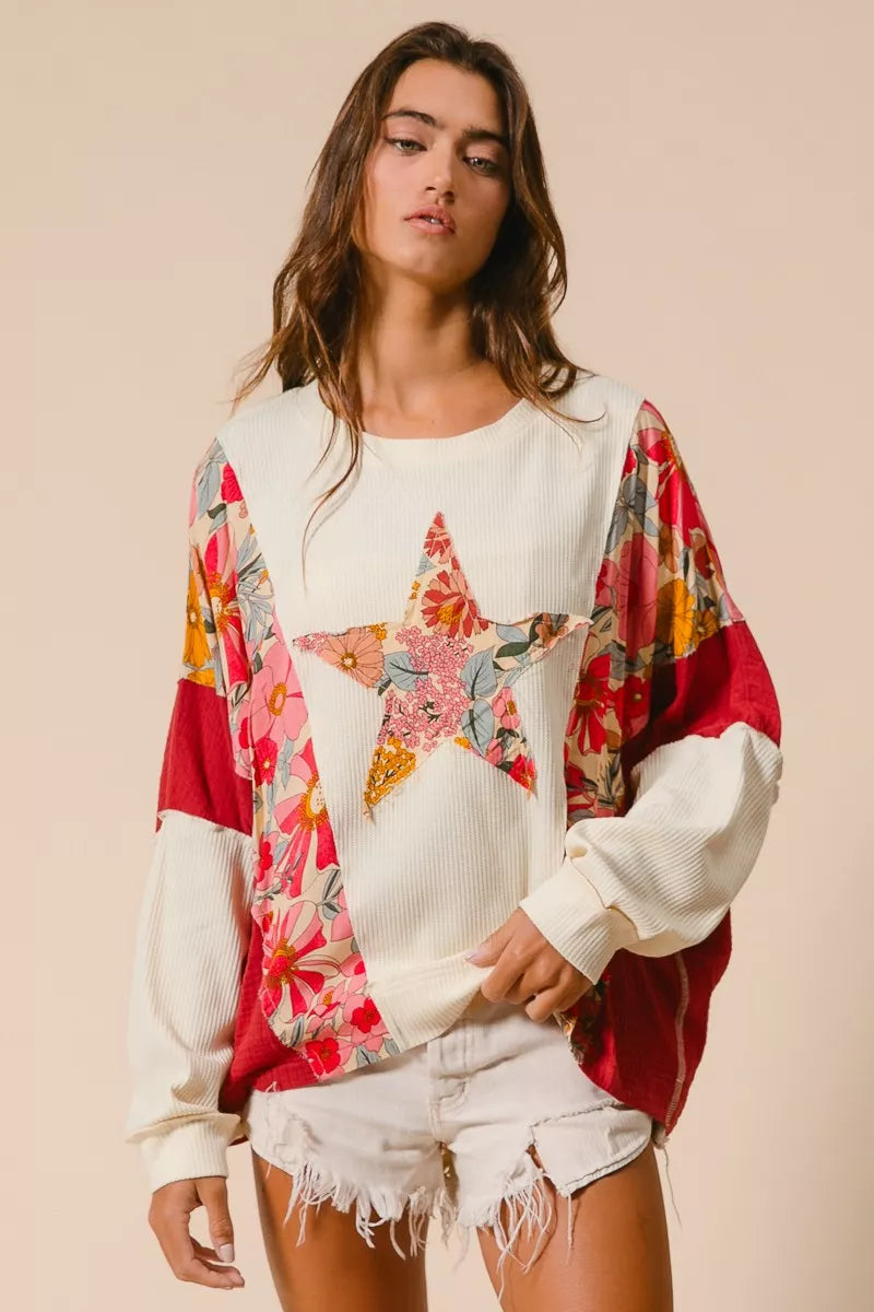 BiBi Floral Print Mixed Star Patch Round Neck Sweatshirt