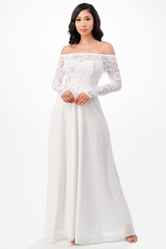 La Scala Plus Size Long Sleeve Lace and Chiffon Gown