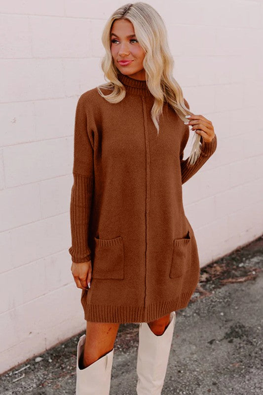 Solid Ribbed Mock Neck Sweater Dress