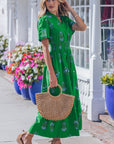Floral Split Neck Shirred High Waist Maxi Dress