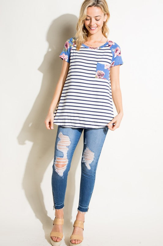 e Luna Striped Floral Mix Pocket Top