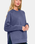 Zenana Scuba Round Neck Side Slit Sweatshirt