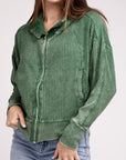 Zenana Acid Wash Cotton Waffle Hooded Zip-Up Jacket