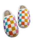 White Vibrant Checkered Plush Thermal Slippers