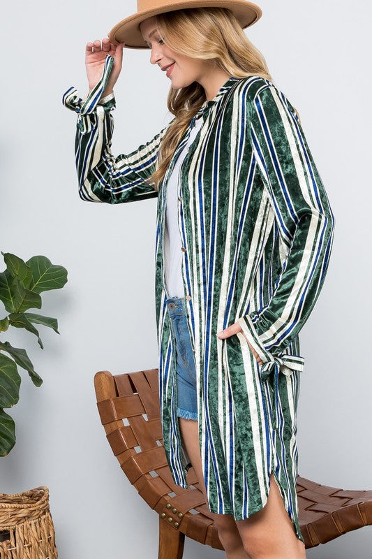 e Luna Striped Velvet Long Cardigan