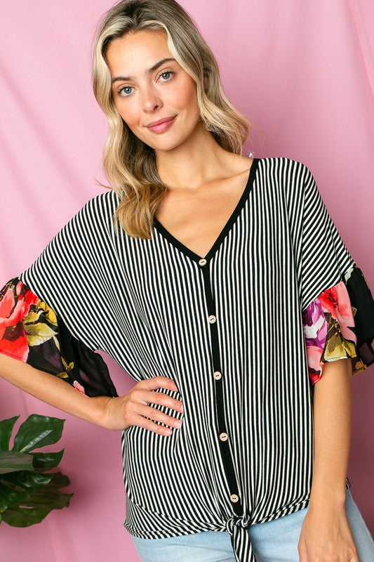 e Luna PLUS Striped Floral Mixed Ruffle Top