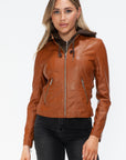 Snobbish Faux Leather Zip Up Drawstring Hooded Jacket