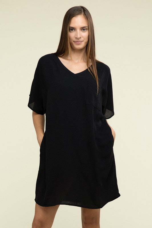 Zenana Woven Airflow V Neck T-Shirt Dress with Pockets