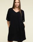 Zenana Woven Airflow V Neck T-Shirt Dress with Pockets