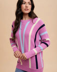 Annie Wear Chevron Stripe Round Neck Ribbed Sweater