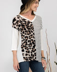 Celeste Full Size Front Leopard and Striped Print V-Neck T-Shirt