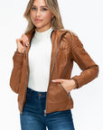 YMI Faux Layered Double-Zipper Jacket with Fuzzy Hood