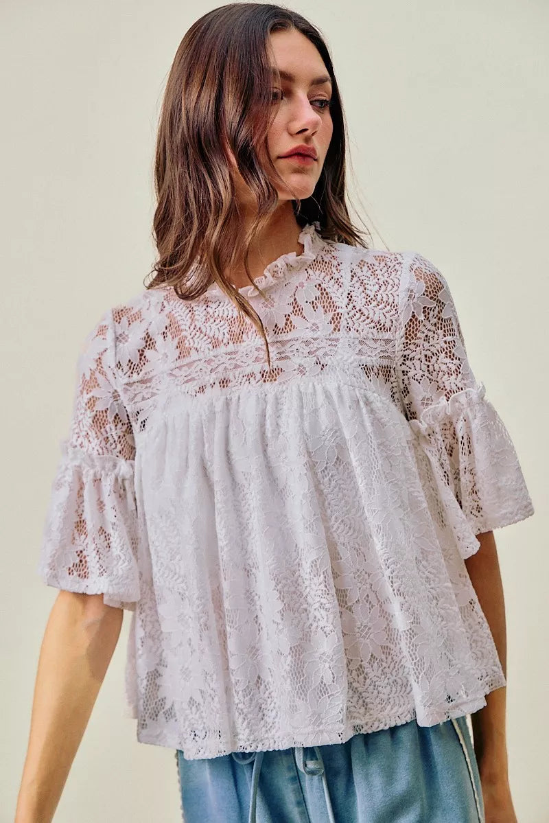 SO ME Lace Ruffled Short Sleeves Swing Top