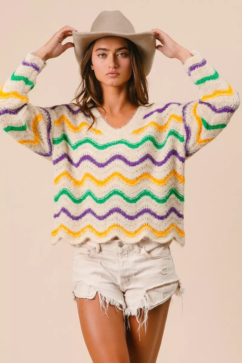 BiBi Mardi Gras Wavy Stripes V-Neck Sweater