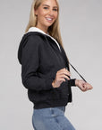 Fuzzy Trim Zip-Up Crop Hoodie