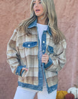 And The Why Full Size Washed Denim Detail Brushed Plaid Jacket