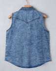 Denim Button Front Collared Sleeveless Vest