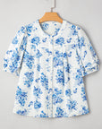 Floral Tiered Puff Sleeve Pleated Bust Buttoned Shirt