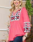 Celeste Full Size Houndstooth Front Yoke Balloon Sleeve Top