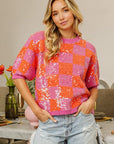 BiBi Checkered Short Sleeve Sequin Sweater