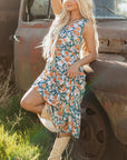 Floral Buttoned V-Neck Tie Waist Maxi Dress