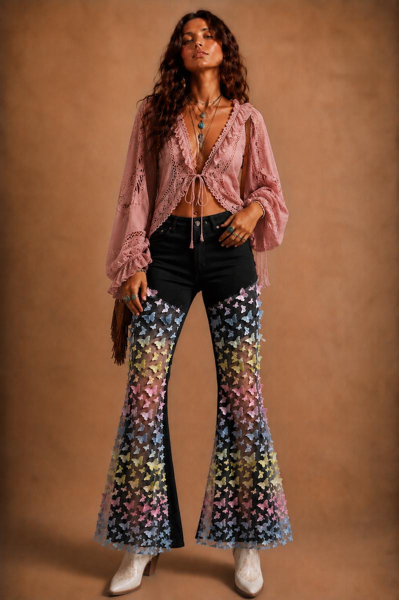 GJG Denim Mariposa Muse Butterfly Lace Bell Bottom Jeans — Black
