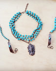 Round Blue Turquoise Beaded Bracelet on Copper Feather 810t