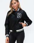 Love Me Now PU Leather Contrast Snap Down Bomber Jacket