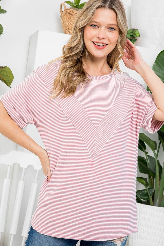 e Luna PLUS Two Tone Rib Striped Basic Top