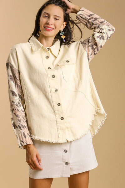 Umgee Full Size Distressed Detail Raw Hem Button Up Jacket Plus Size