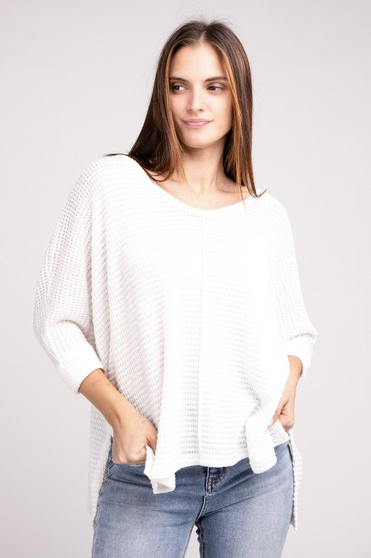 Zenana 3/4 Sleeve V-Neck Hi-Low Hem Jacquard Sweater